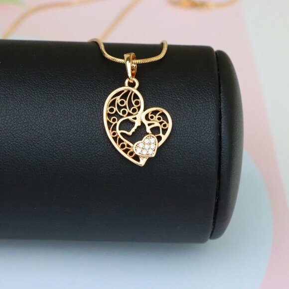 "Rose Gold Heart Pendant Featuring Mother & Child with Crystal Accent, XPPT1864 - Picture 6 of 13